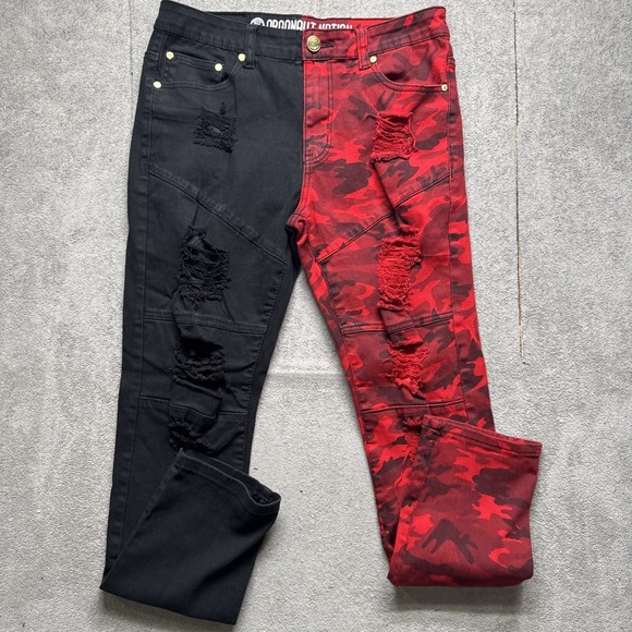 Argonaut Nation Men's Red Black Patchwork Jeans 34x32 Distressed Y2K Streetwear - Picture 1 of 9